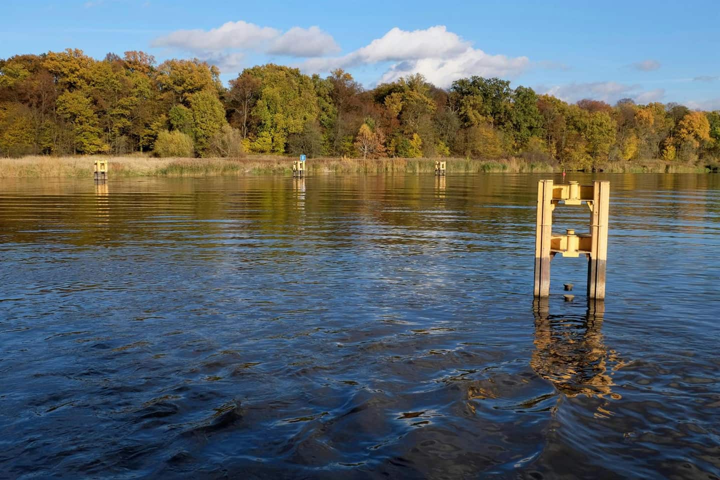 Water monitoring structures standing in a lake environment.